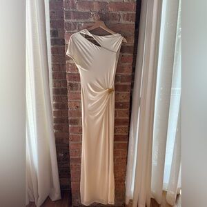 Meshki Cream One-Shoulder Dress with Gold Accent